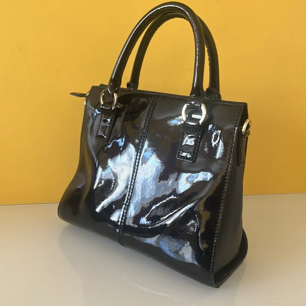 Karen Millen Black Patent Leather Structured Satchel Double Handle Tote Bag